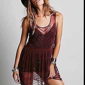 Free People Sheer Mesh Beaded Mini Embellished Slip Dress Size Large Plum